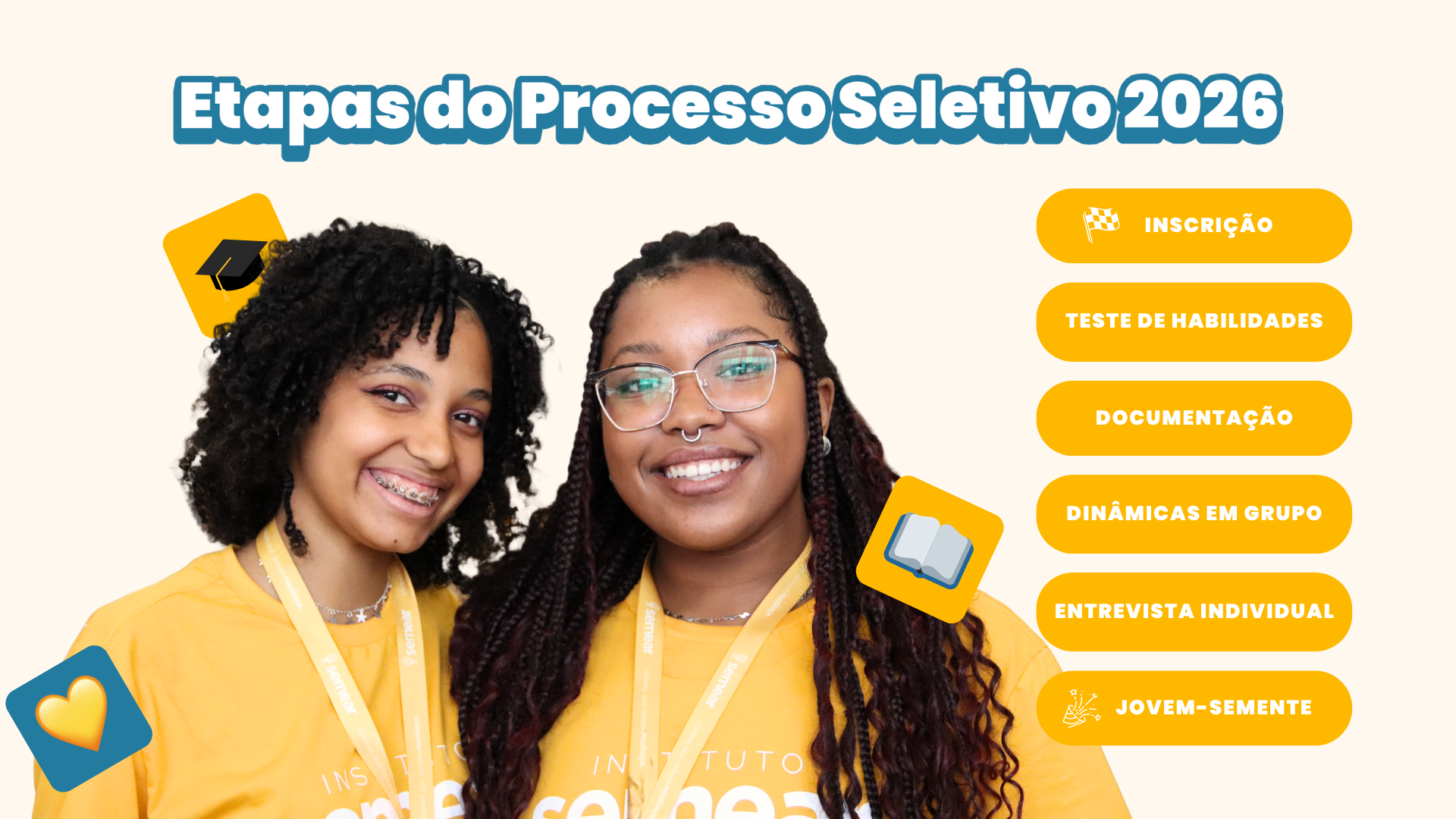 A imagem apresenta informações sobre as etapas do Processo Seletivo 2026 do Instituto Semea, destacando uma lista de fases do processo e elementos gráficos relacionados à educação, como emojis de coração, chapéu de formatura e livro. Duas pessoas aparecem