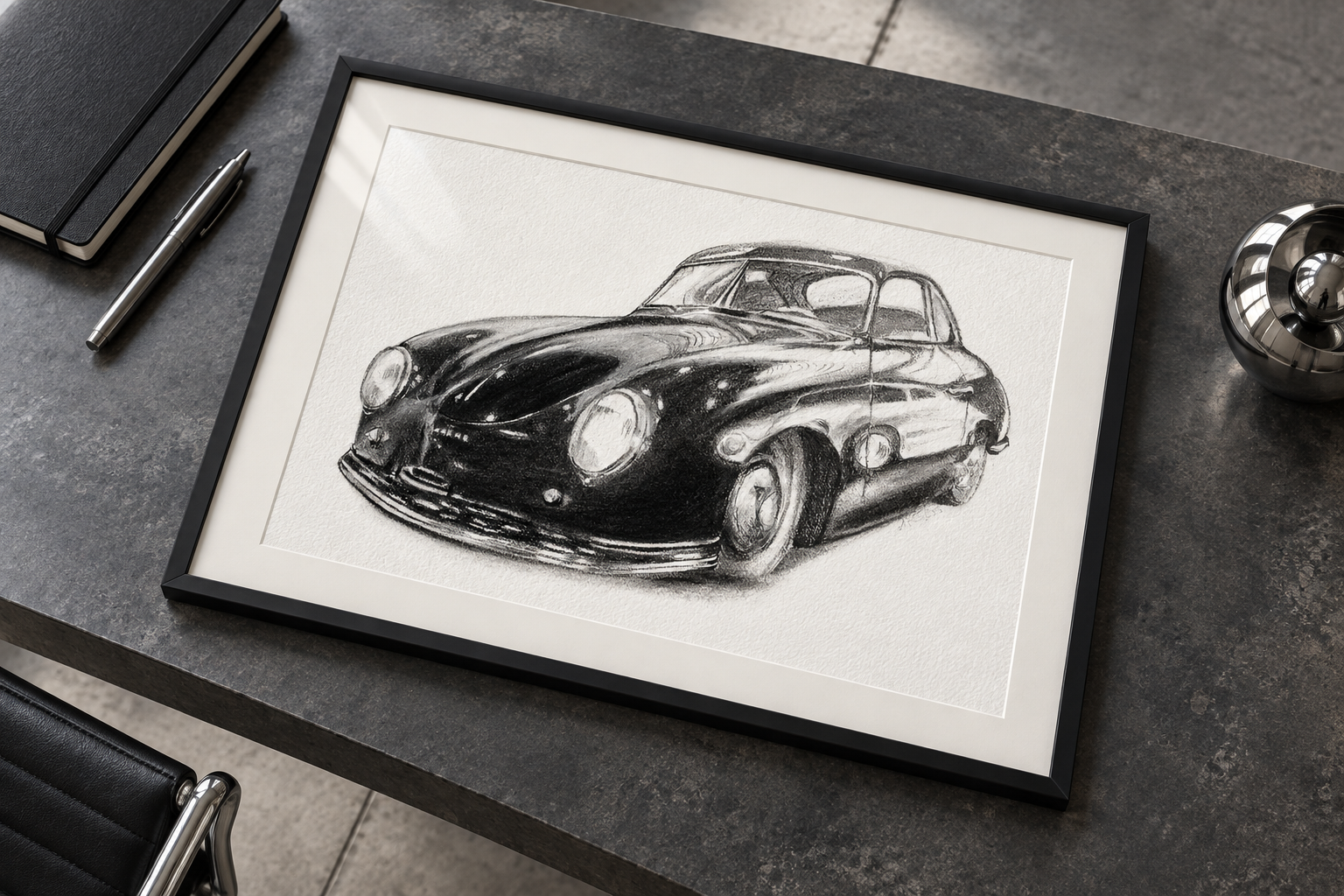 Ein Porsche Bild in einem schwarzen Rahmen