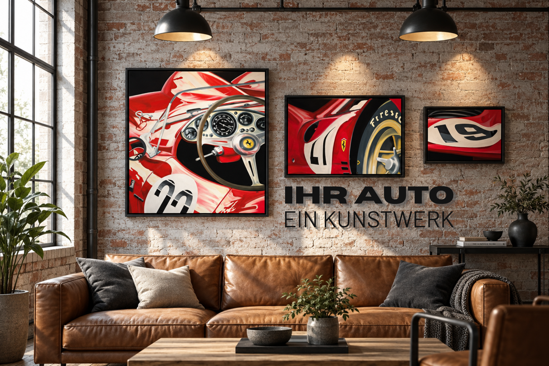 Drei Auto Bilder in schwarzen Rahmen hängen in einem Loft