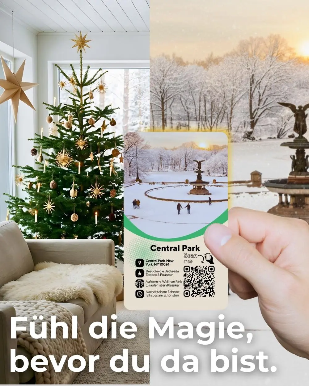 Hand hält Karte vom verschneiten Central Park – im Hintergrund die Bethesda Fountain, Text „Fühl die Magie, bevor du da bist“
