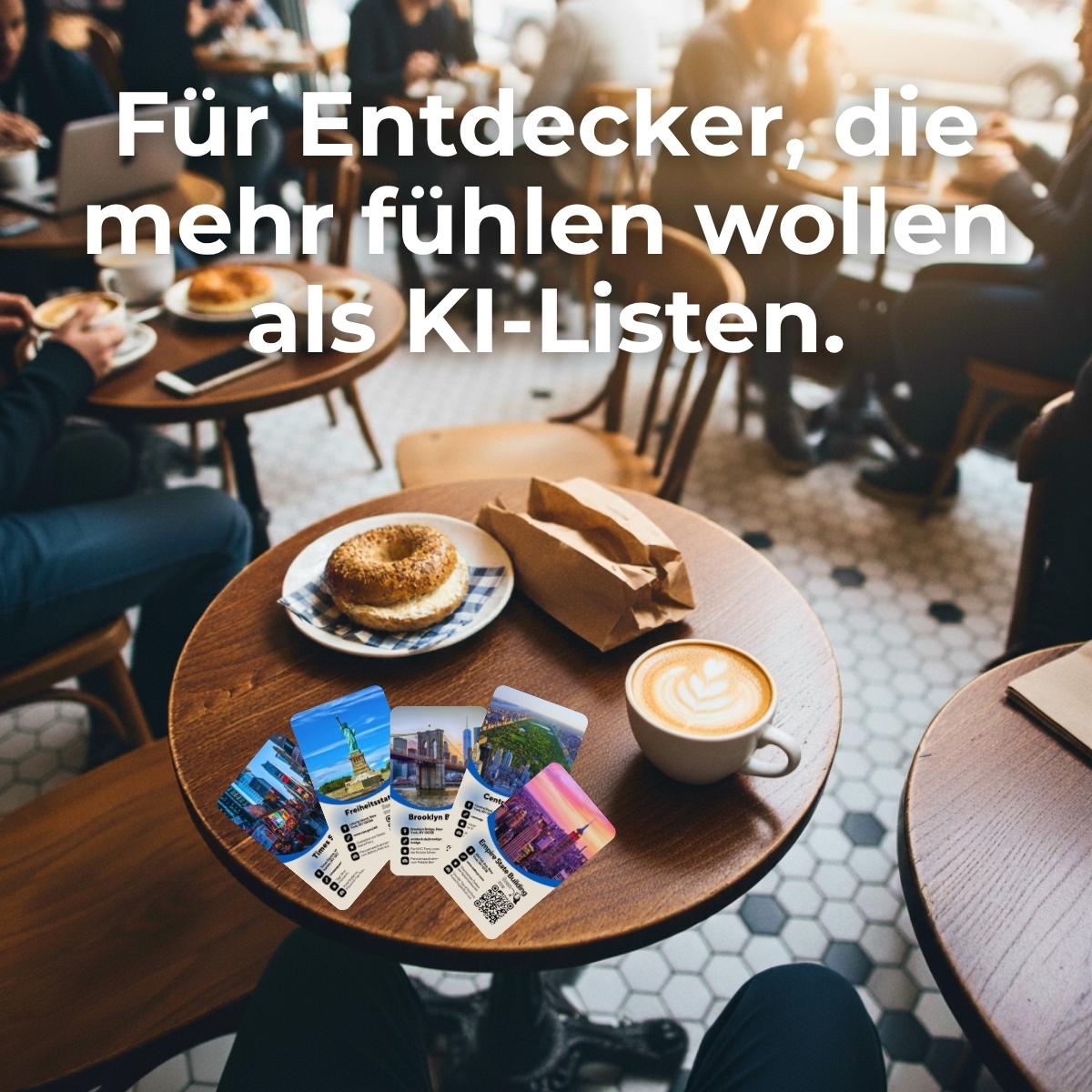 Entdeckerkarten auf Café-Tisch mit Kaffee und Bagel – Schriftzug „Für Entdecker, die mehr fühlen wollen als KI-Listen“