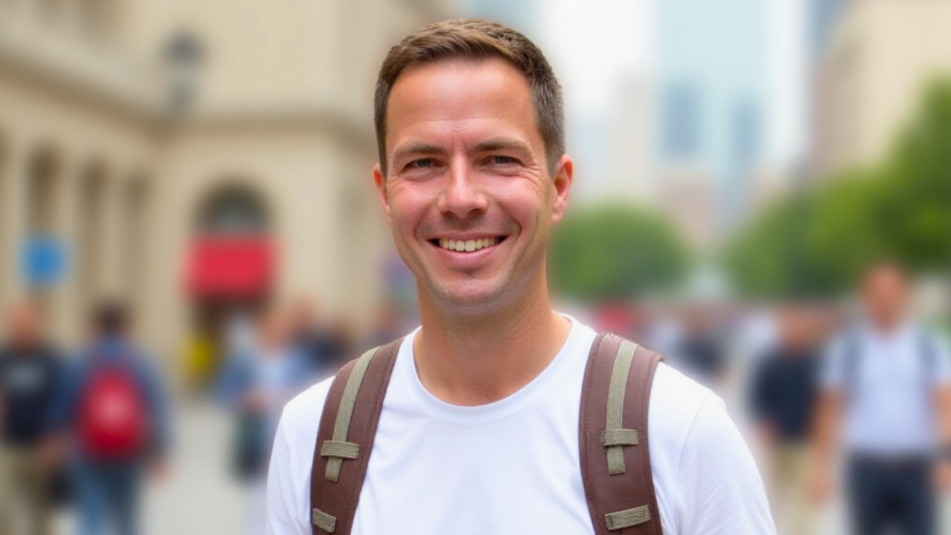 Stefan Berndt, Erfinder der Entdeckerkarten NYC, mit Rucksack in den Straßen von New York