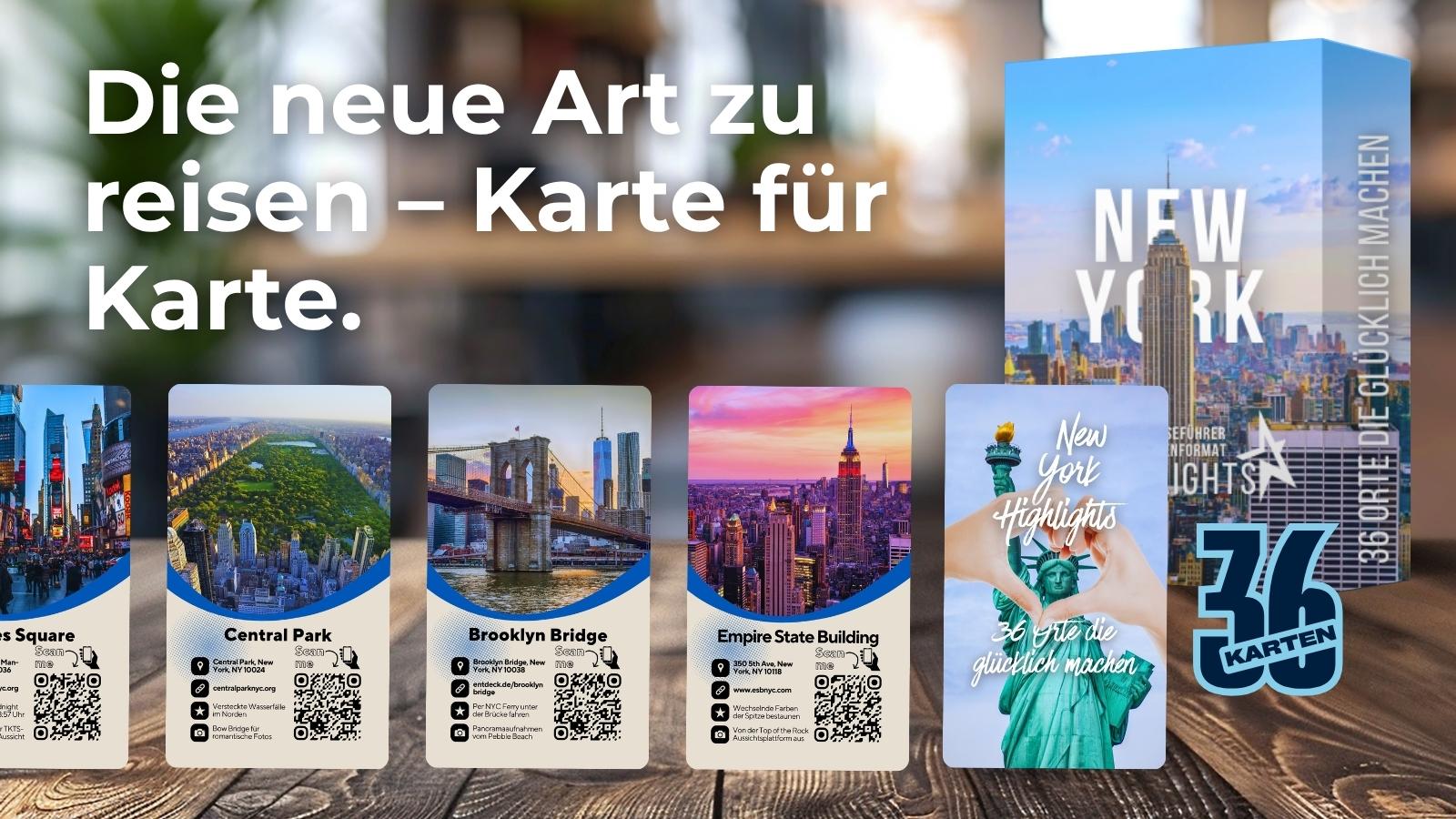 Entdeckerkarten-Set New York Highlights auf Holztisch – Schriftzug „Die neue Art zu reisen – Karte für Karte“