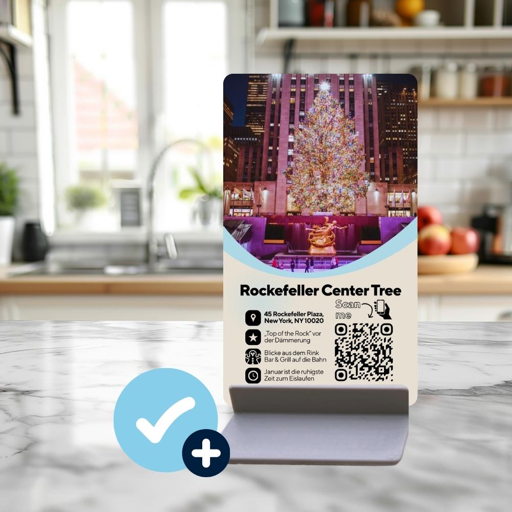 Rockefeller-Center-Tree Karte im Kartenhalter, Nahaufnahme für das Set „New York im Winterzauber“