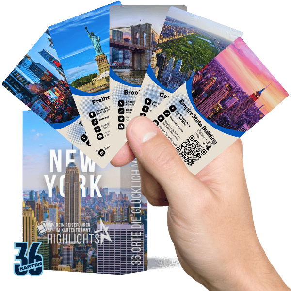 Reiseführer New York Highlights im Kartenformat mit ikonischen Sehenswürdigkeiten wie Freiheitsstatue, Central Park uvm.