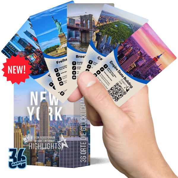 Neu: New York Highlights Reiseführer-Karten mit ikonischen Sehenswürdigkeiten wie Freiheitsstatue und Central Park