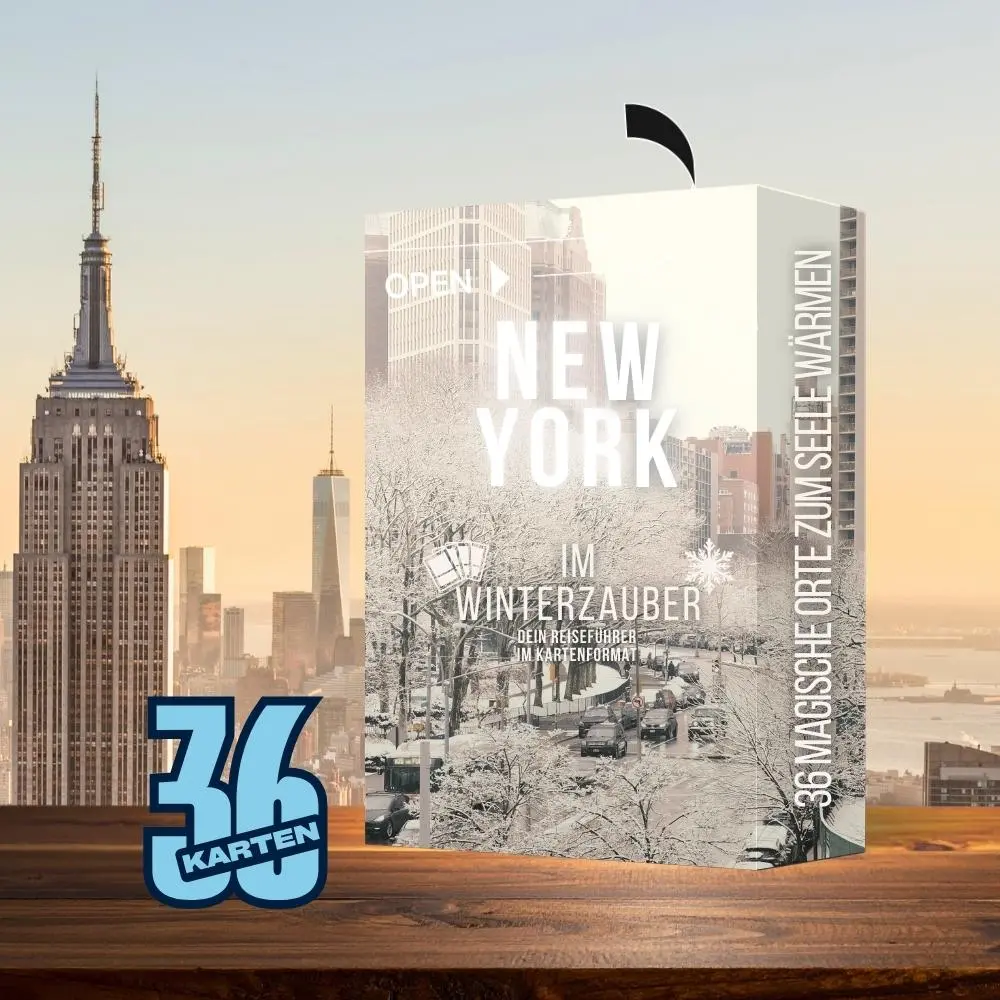Verpackung „New York im Winterzauber“ vor Empire-State-Building in winterlicher Abendkulisse