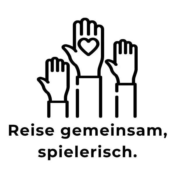 Drei Hände mit Herz – Symbol für gemeinsames Reisen als spielerisches, verbindendes Erlebnis