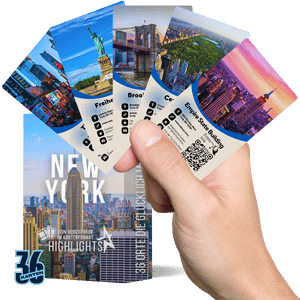Reiseführer New York Highlights im Kartenformat mit ikonischen Sehenswürdigkeiten wie Freiheitsstatue, Central Park uvm.