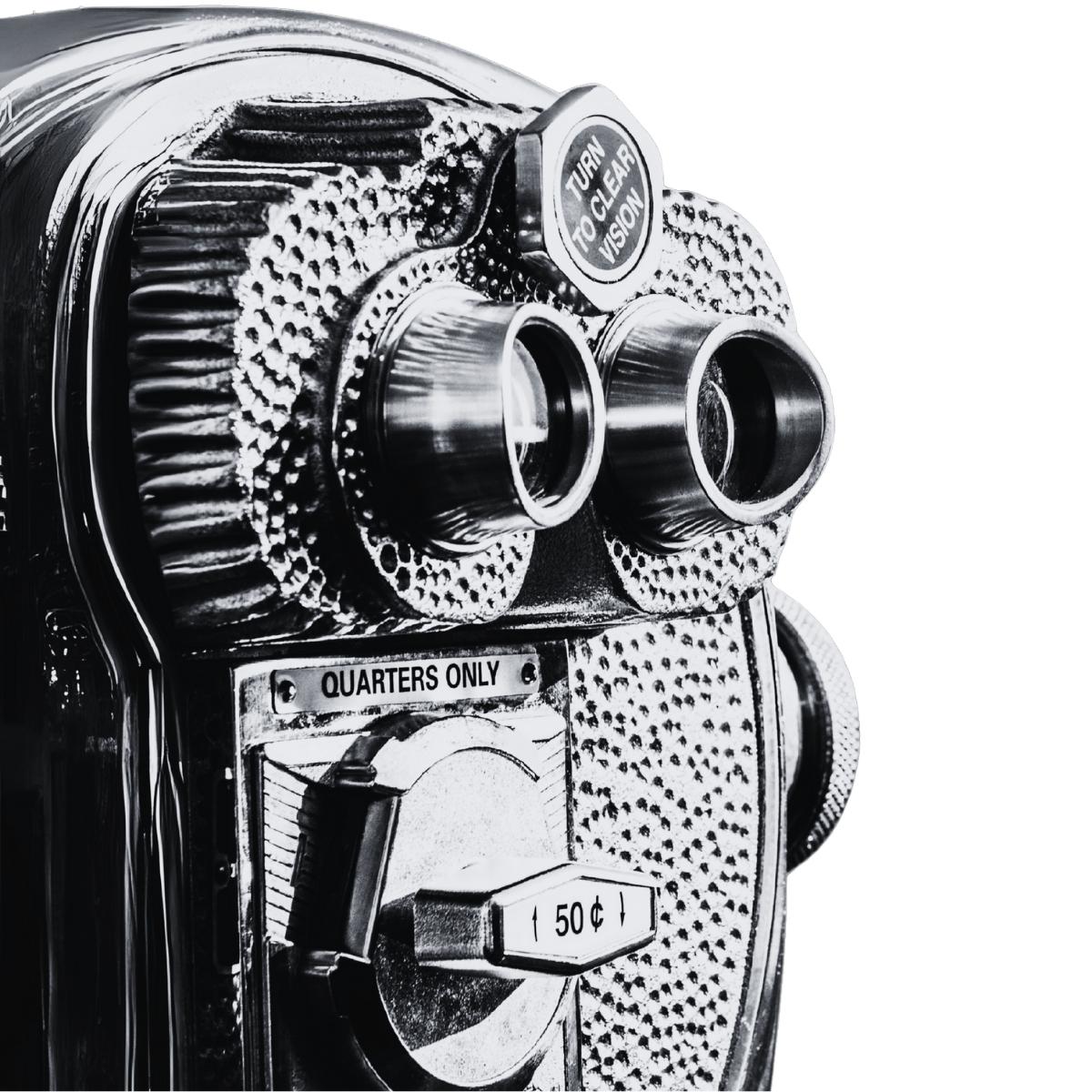 Schwarz-weißes Aussichtsfernrohr mit Münzeinwurf – Symbol für Perspektivwechsel und Stadterkundung