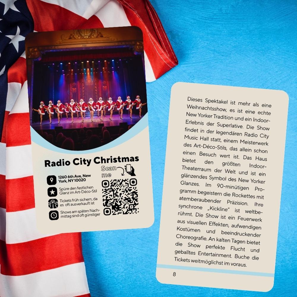 Entdeckerkarte Radio City Christmas Show mit festlicher Rockette-Bühne und Infotext