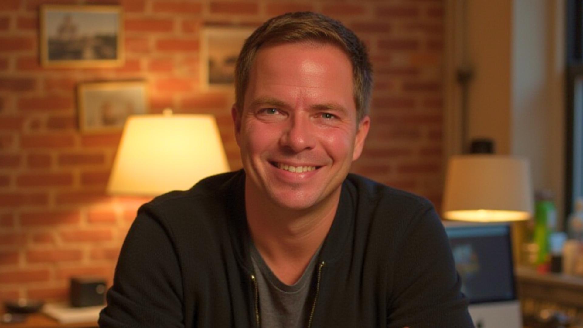 Stefan Berndt in seinem Loft in Midtown Manhattan am Schreibtisch – persönlicher Kontakt für Entdeckerkarten