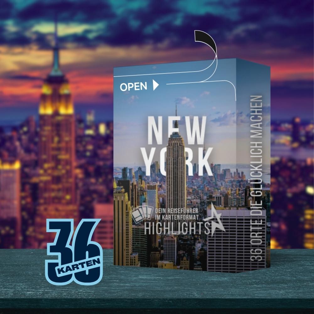 Produktverpackung der New York Entdeckerkarten vor Skyline bei Sonnenuntergang