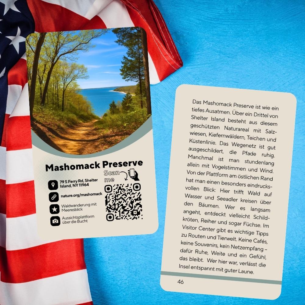 Vorder- und Rückseite der Karte „Mashomack Preserve“ mit Naturpfad auf Shelter Island