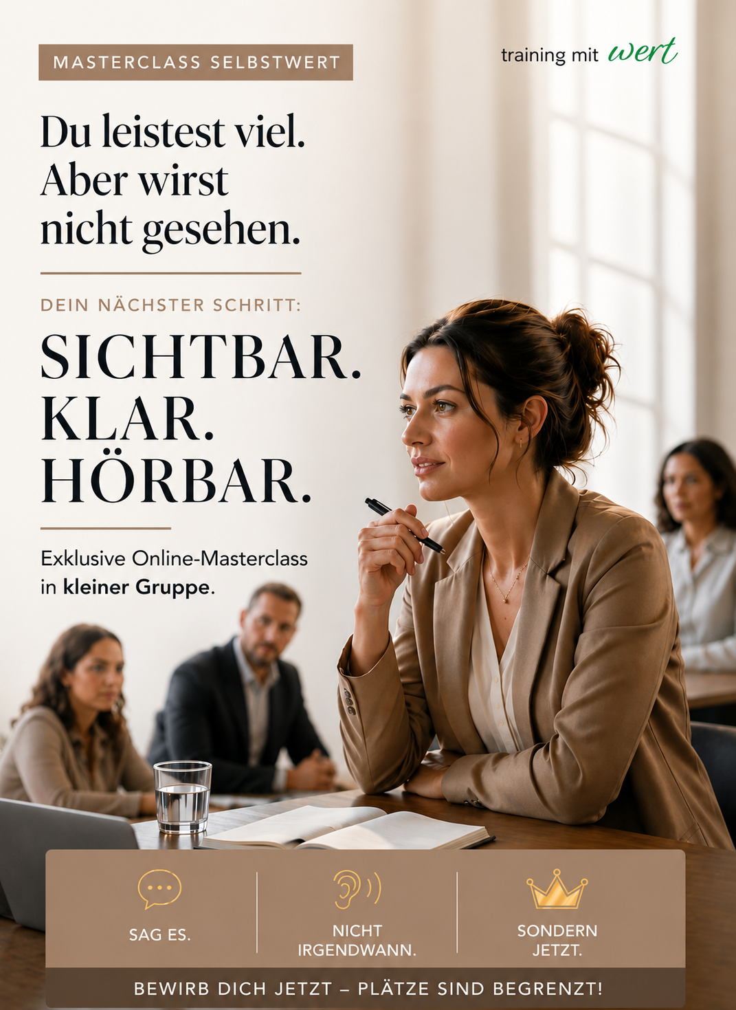 Symbolfoto für Masterclass Selbstwert: Silhouette einer Frau mit erhobenen Armen vor einer Stadtlandschaft, darüber transparentes Porträt einer selbstbewussten Frau – Sinnbild für Selbstwert, Sicherheit, Sichtbarkeit und Wirkungskraft in Beruf und privat