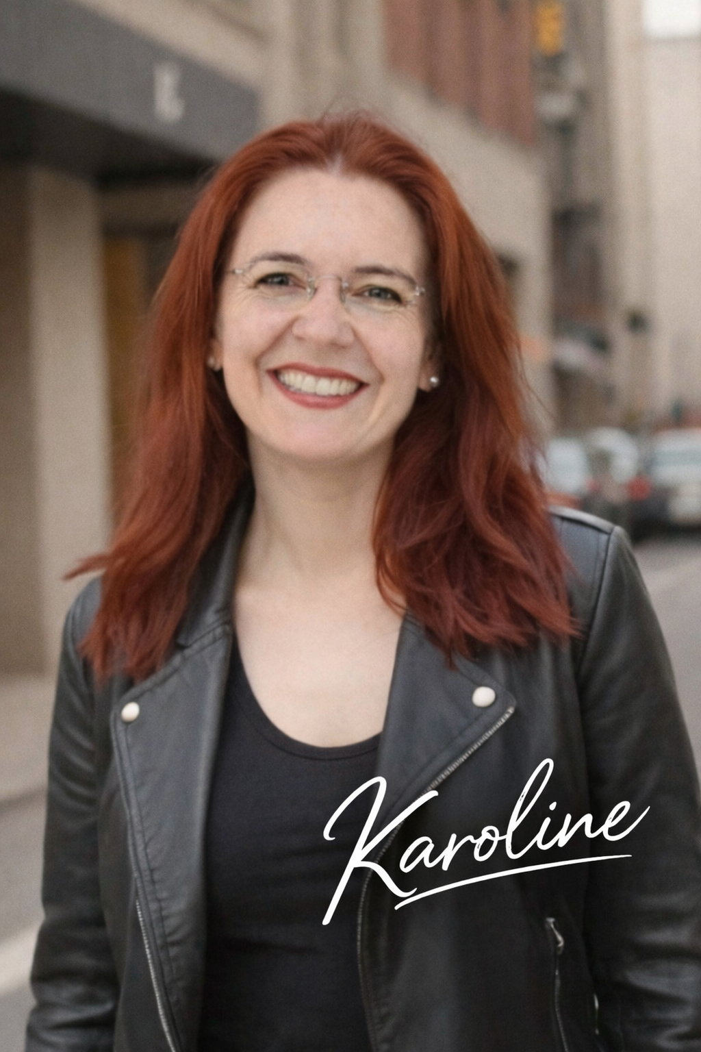 Karoline – Trainerin und Coach für Selbstwert, Kommunikation und Karriereentwicklung, freundlich lächelnd im Sessel sitzend