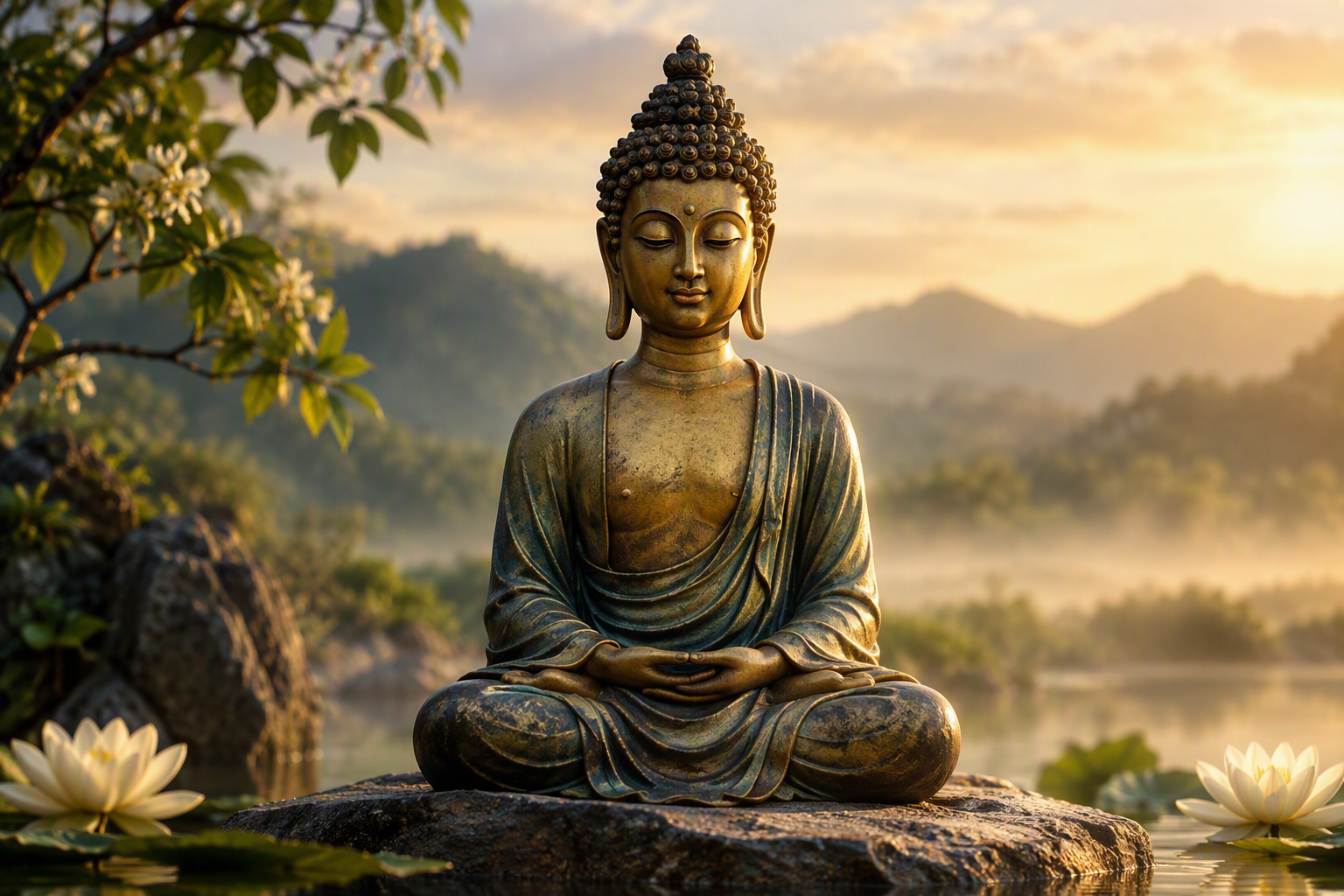 A bronze Buddha statue meditating on a rock at sunrise, surrounded by lotus flowers and misty hills