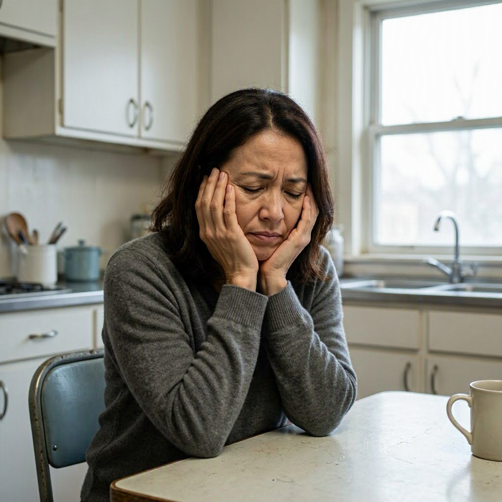 Woman sitting alone in soft dim light, head bowed in quiet exhaustion — illustrating the weight of self-blame and shame