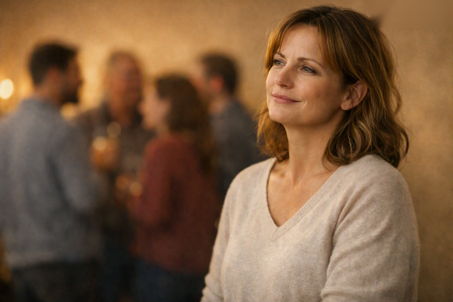 A woman standing slightly apart from a blurred, warmly lit group, her expression thoughtful rather than distressed — quiet self-recognition rather than confrontation