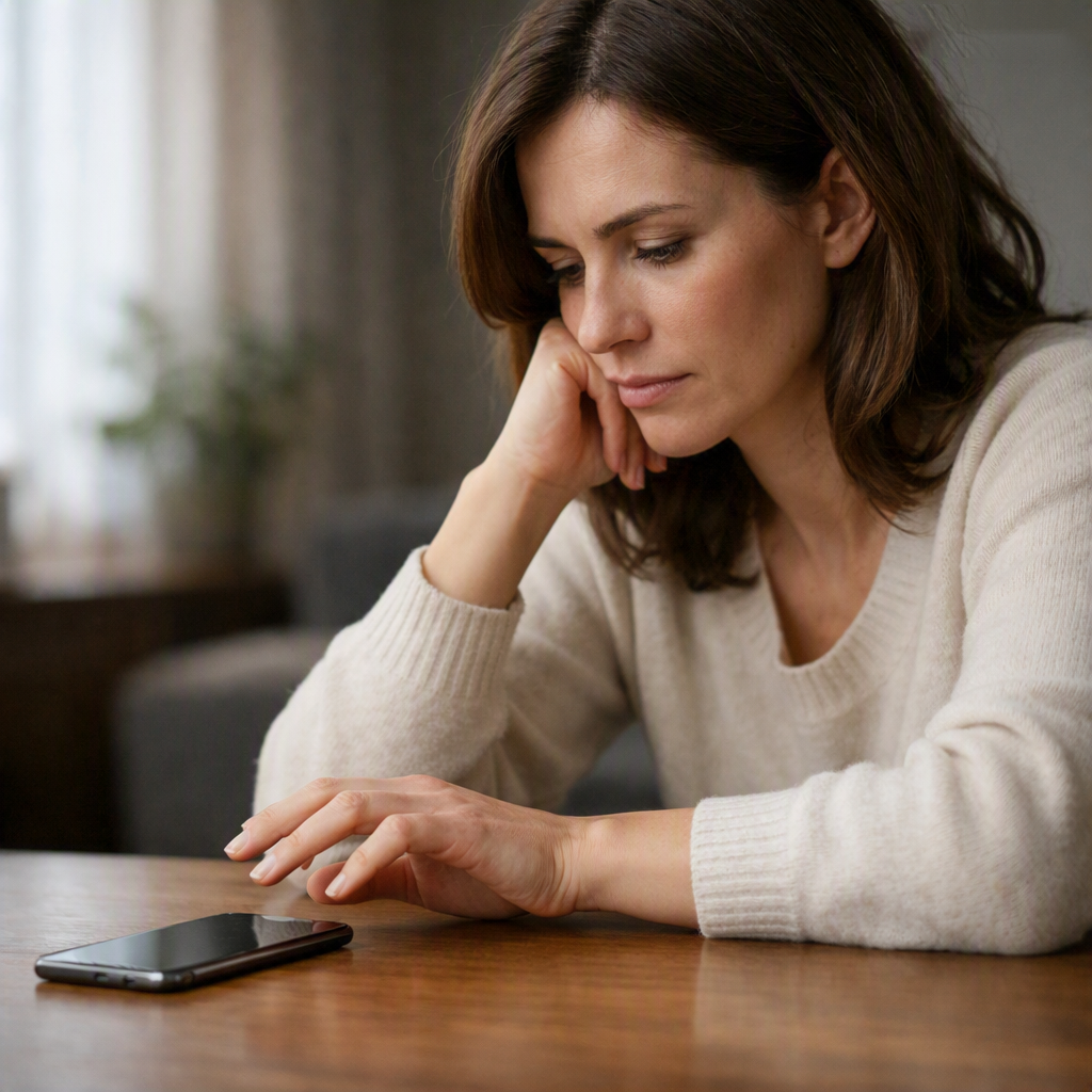 Woman alone at a table, hand stalled just short of her phone, hesitating before reaching out — illustrating the guilt that shows up before a need is even spoken