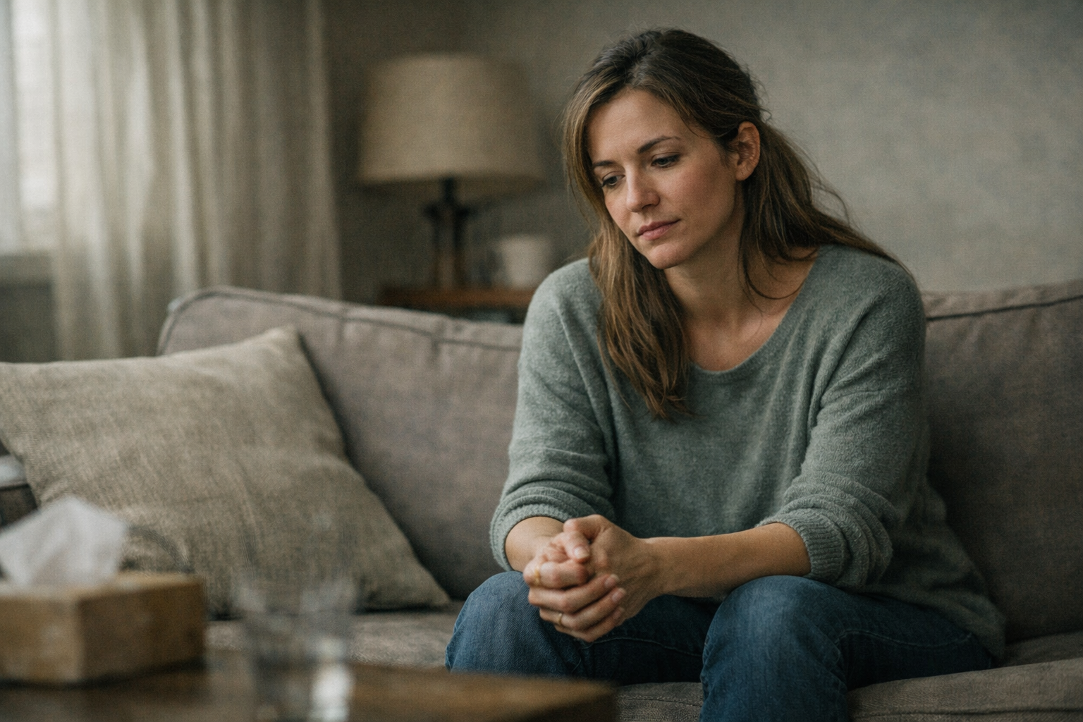 A woman sits alone on a gray couch, hands clasped tightly and eyes lowered