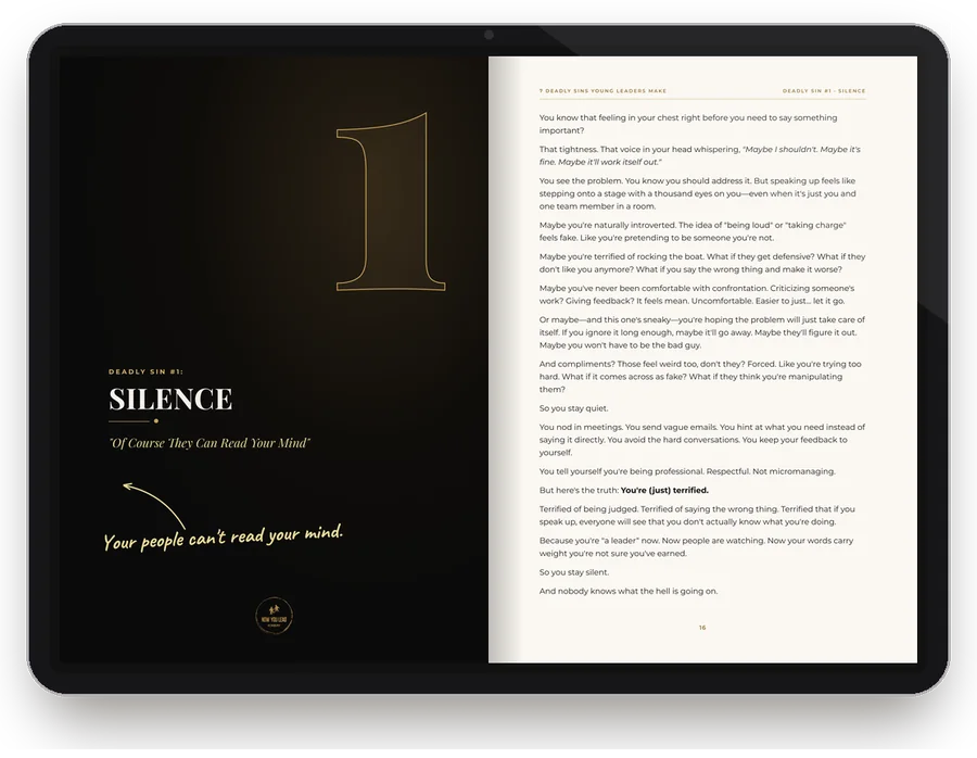 The e-book 7 Deadly Sins Young Leaders Make open on an iPad at Chapter 1: Silence