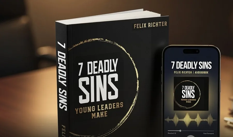 The audiobook of 7 Deadly Sins Young Leaders Make, read by Felix Richter, playing on a phone next to the book