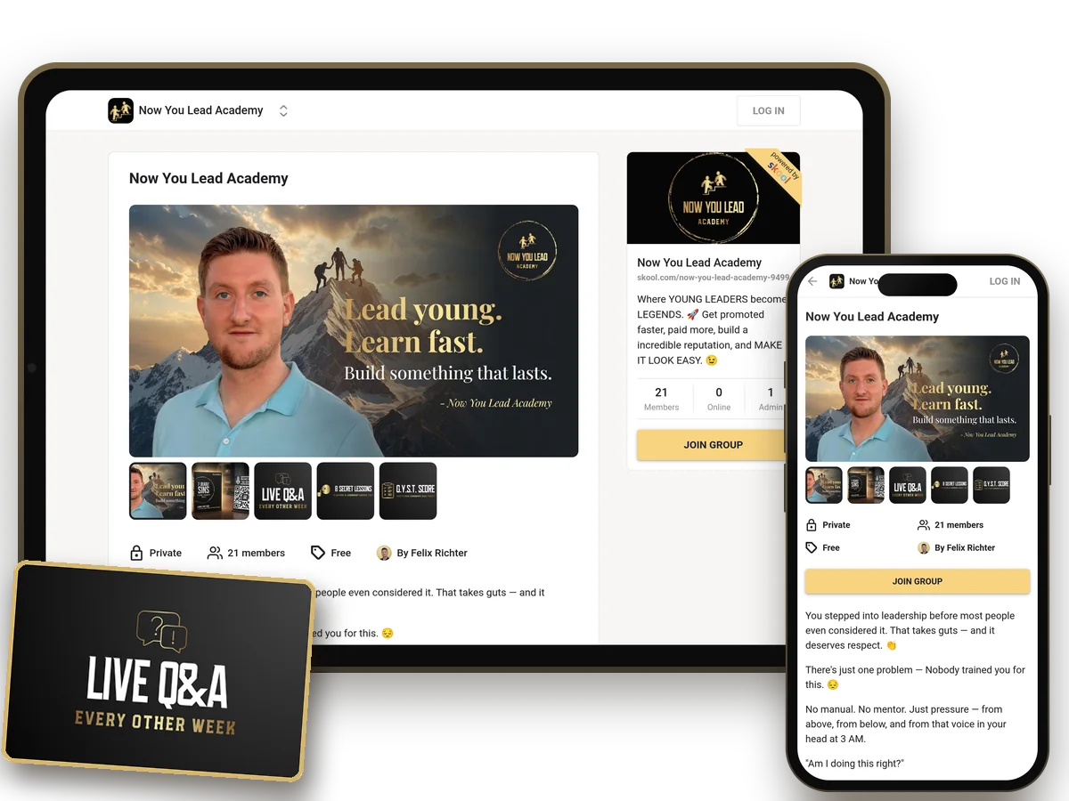 The Now You Lead Academy community on Skool, on a tablet and a phone