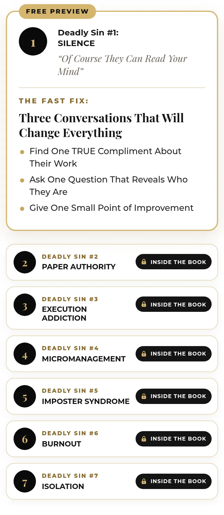 The Fast Fix cheat sheet: one Fast Fix for each of the 7 Deadly Sins. Fast Fix #1 for Silence shown in full, Fast Fixes #2 to #7 are inside the book