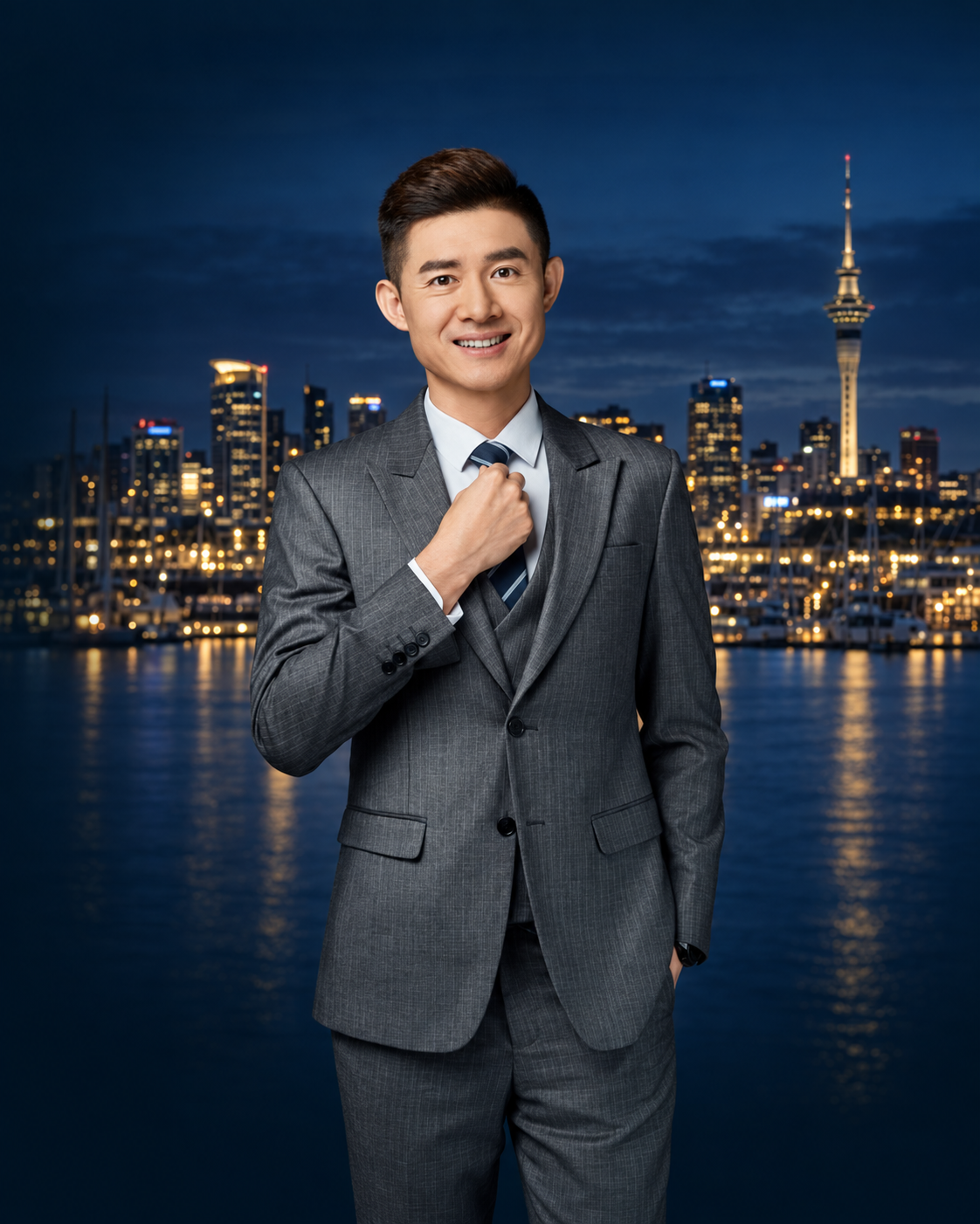 Steven 身穿灰色西装，奥克兰夜景背景的课程讲师形象