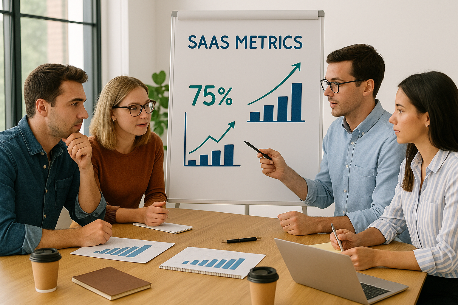 SaaS-Team diskutiert Performance-Ziele anhand von Conversion-Kennzahlen und Funnel-Statistiken. Perfekt für deine Zielgruppe: SaaS-Startups, die ihren E-Mail-Funnel optimieren wollen.