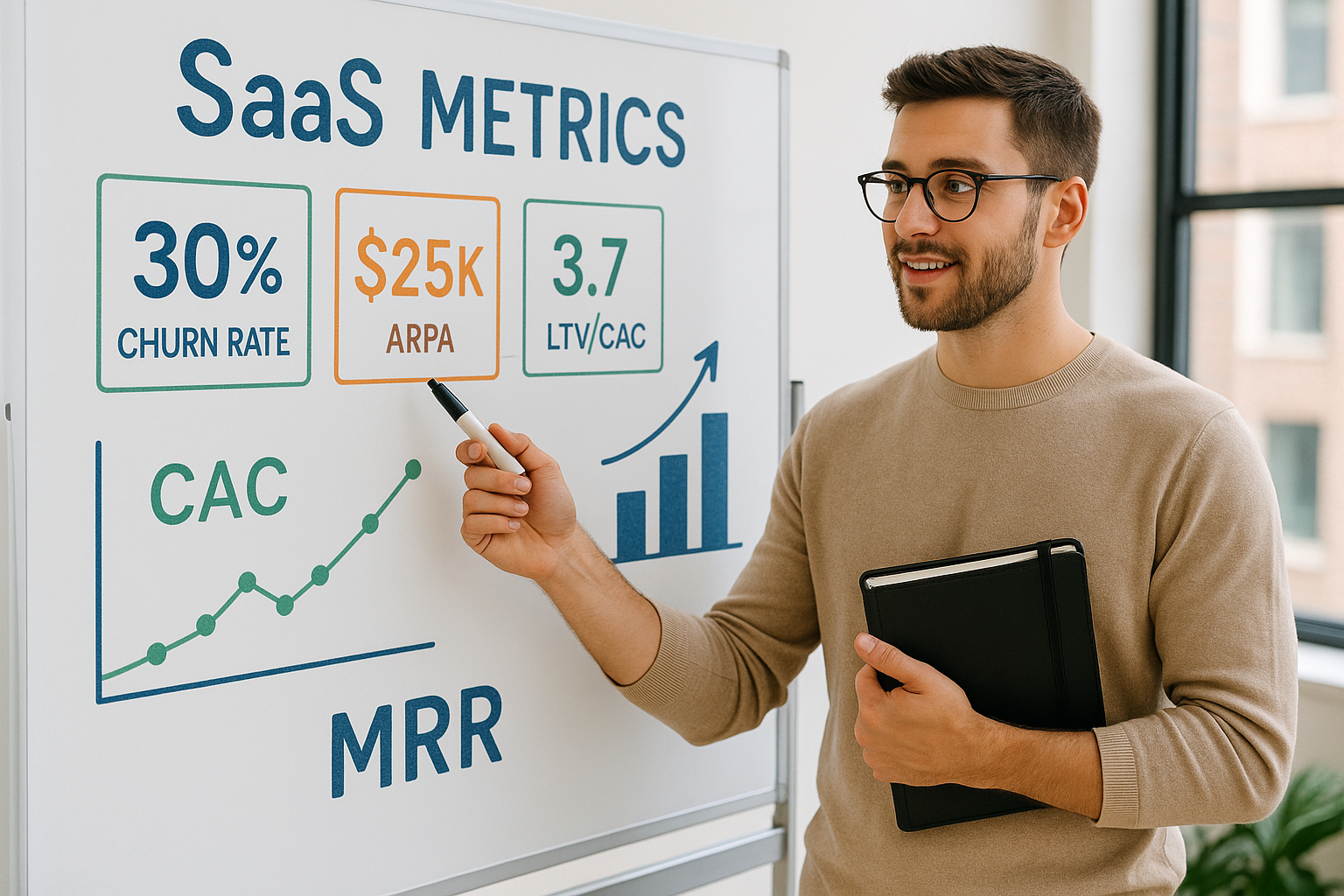 SaaS-Marketer präsentiert zentrale SaaS Metriken wie Churn Rate, ARPA und Customer Acquisition Cost (CAC) auf einem Whiteboard. Ideal für Themen rund um E-Mail-Funnel-Optimierung und Conversion-Steigerung im SaaS-Bereich.