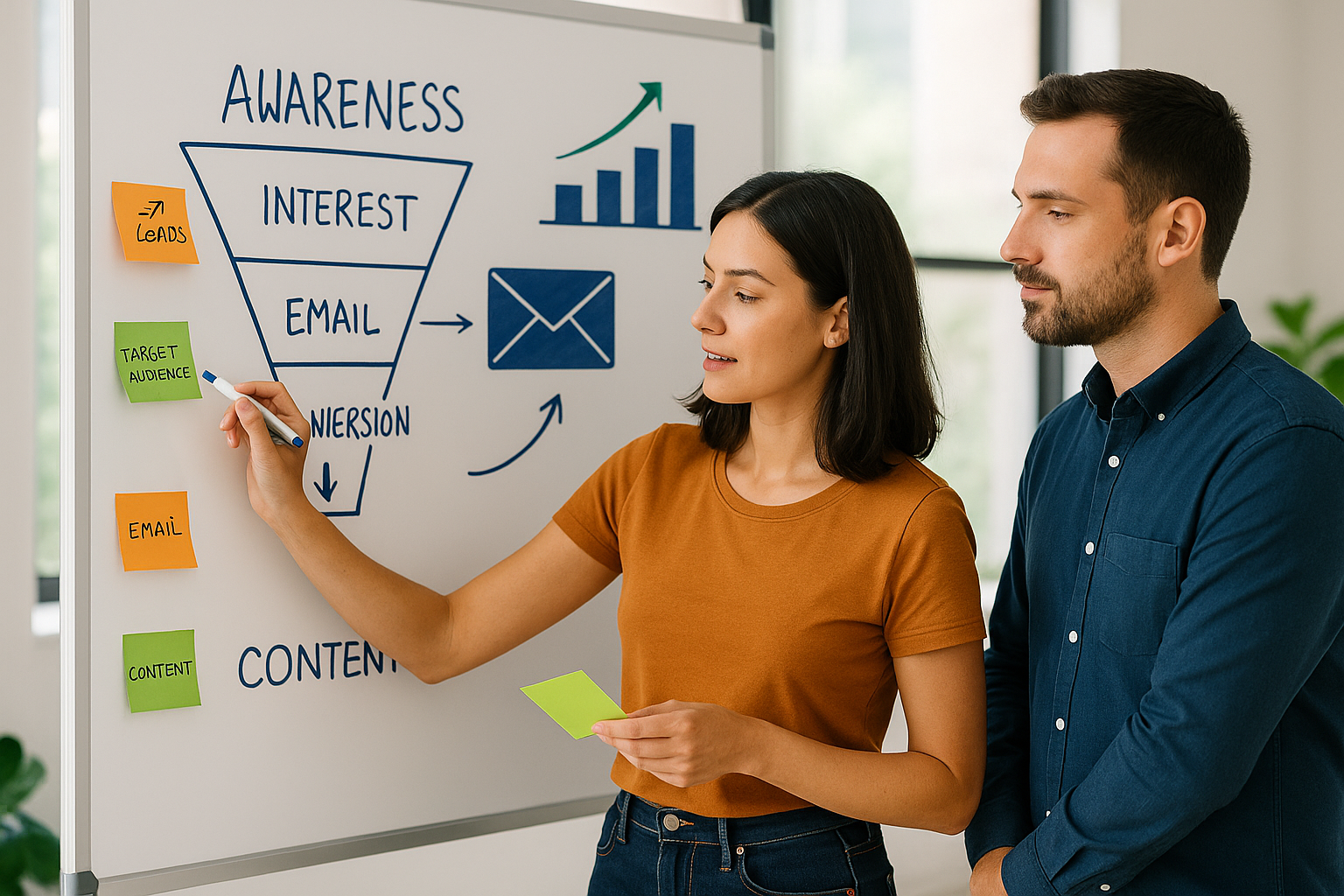 Zwei Teammitglieder analysieren einen klassischen Awareness-Funnel mit Fokus auf E-Mail-Marketing, Conversion-Steigerung und Leadgenerierung. Ideal für Inhalte rund um E-Mail-Audit für Coaches und E-Learning.