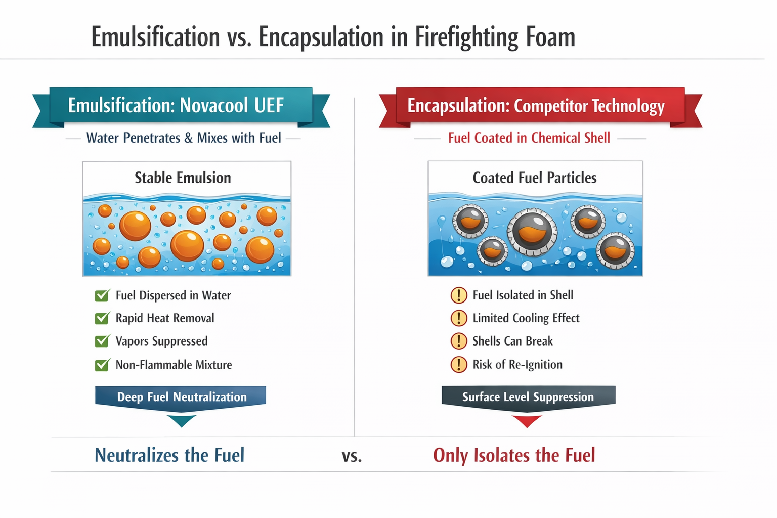 emulsification vs encapsulation - emulsification neutralizes the fuel , encapsulation isolates the fuel
