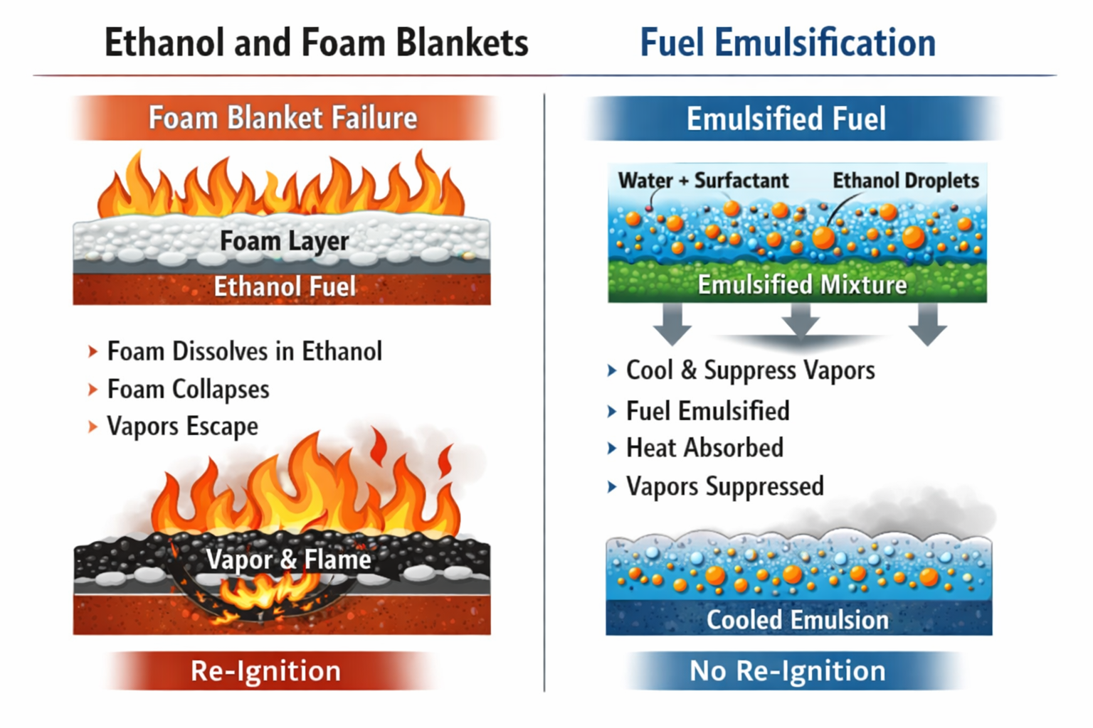 The difference between starving a fire of oxygen and removing the heat through emulsification. Foam blankets are eated by polar solvents. Emulsification removes the heat resulting in less chance for re-ignition