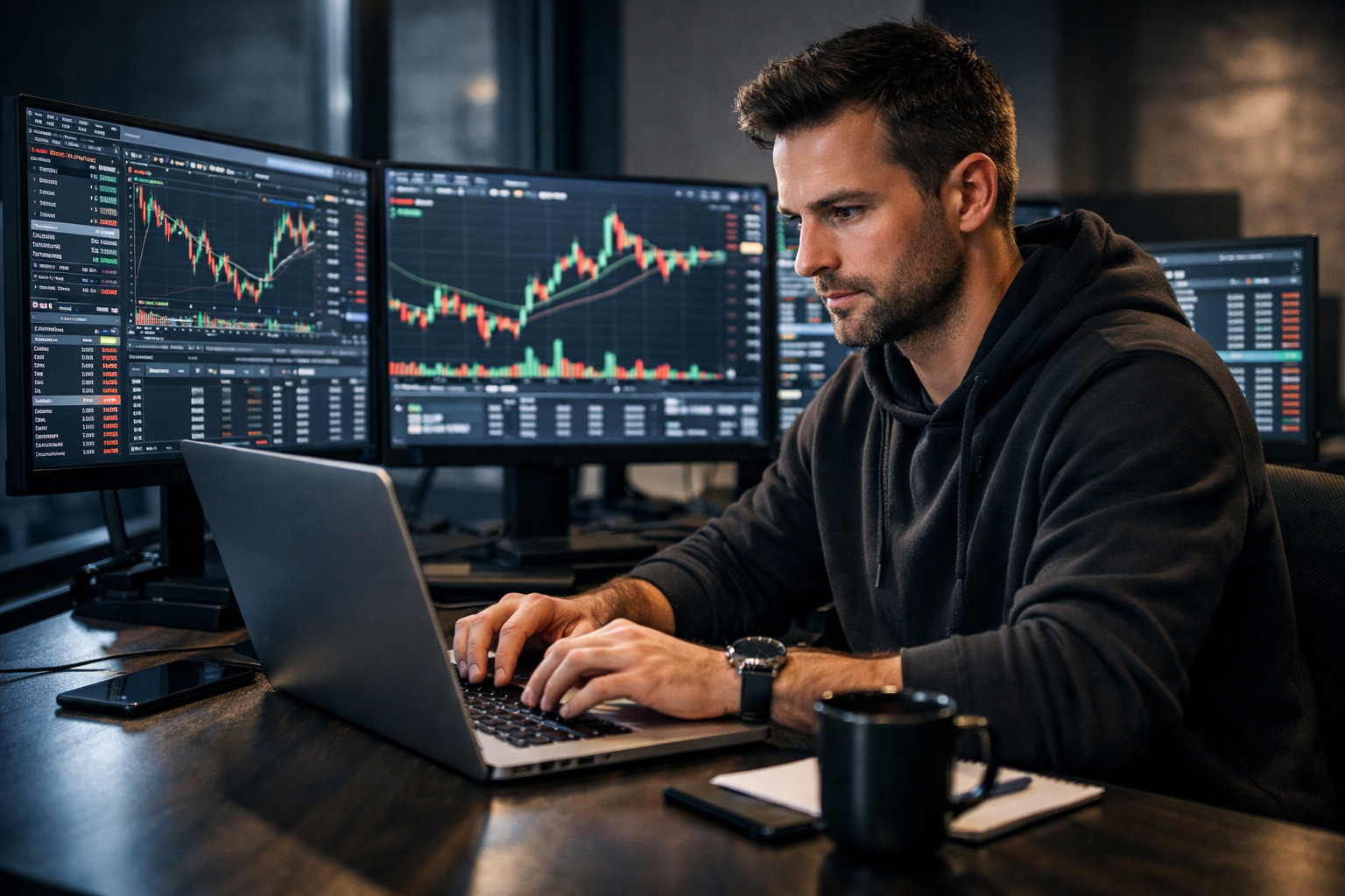 prop firm kereskedés laptop előtt több monitoros setuppal