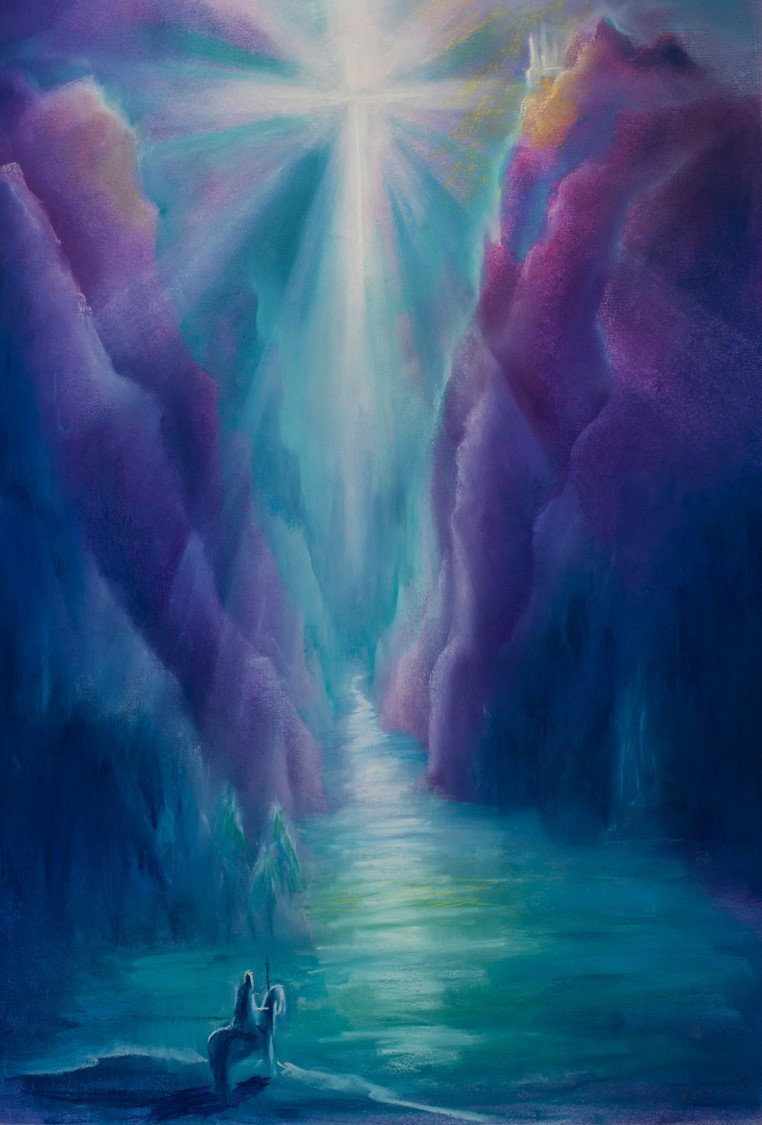 Parzival on Horse at Lake below Grail Castle, by Iris Sullivan
