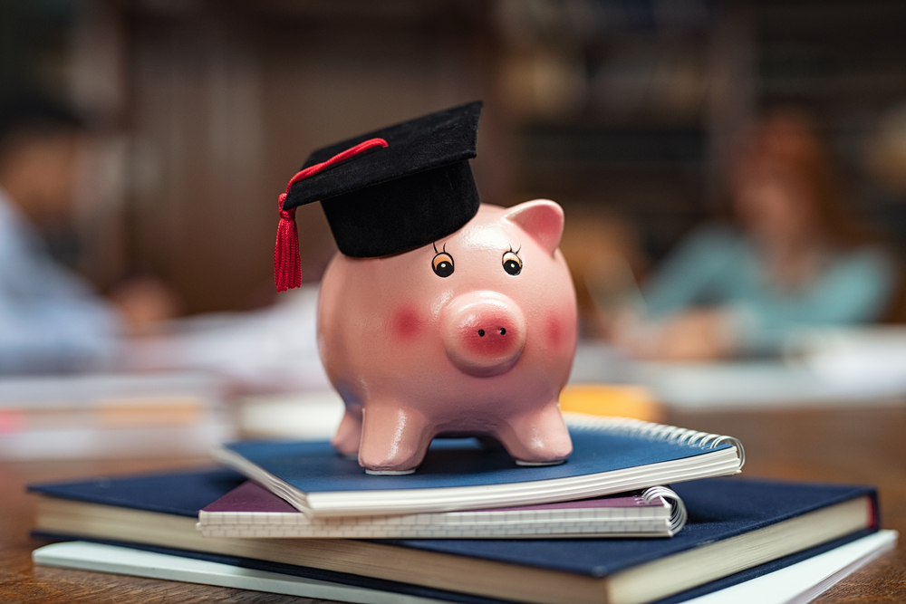 piggy bank with mortar board on head