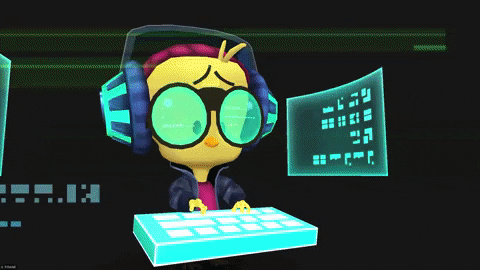 animated figure at a keyboard looking at technical info