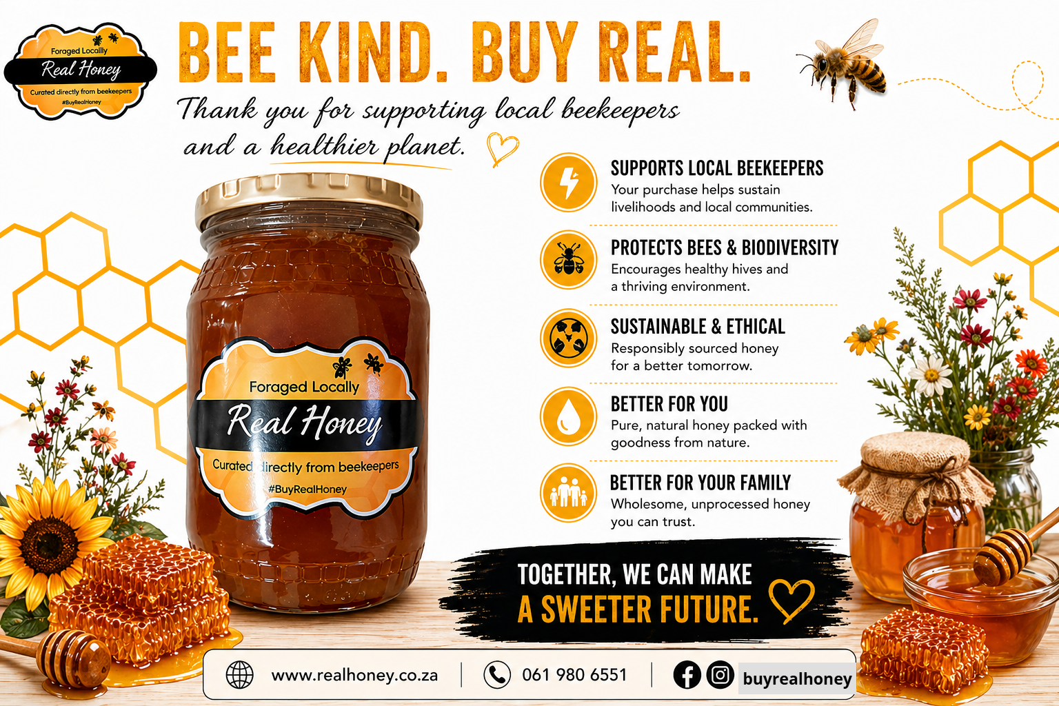 Bee Kind. Buy Real Honey. Support local beekeepers. Bee Healthy