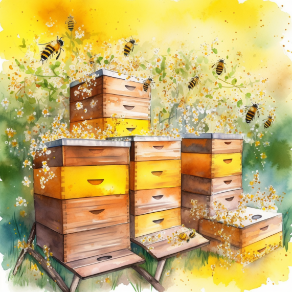 An apiary with wooden bee hives in a field from Bee Ware©