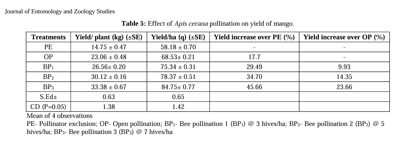 Effect of honeybees on YIELD of mangoes