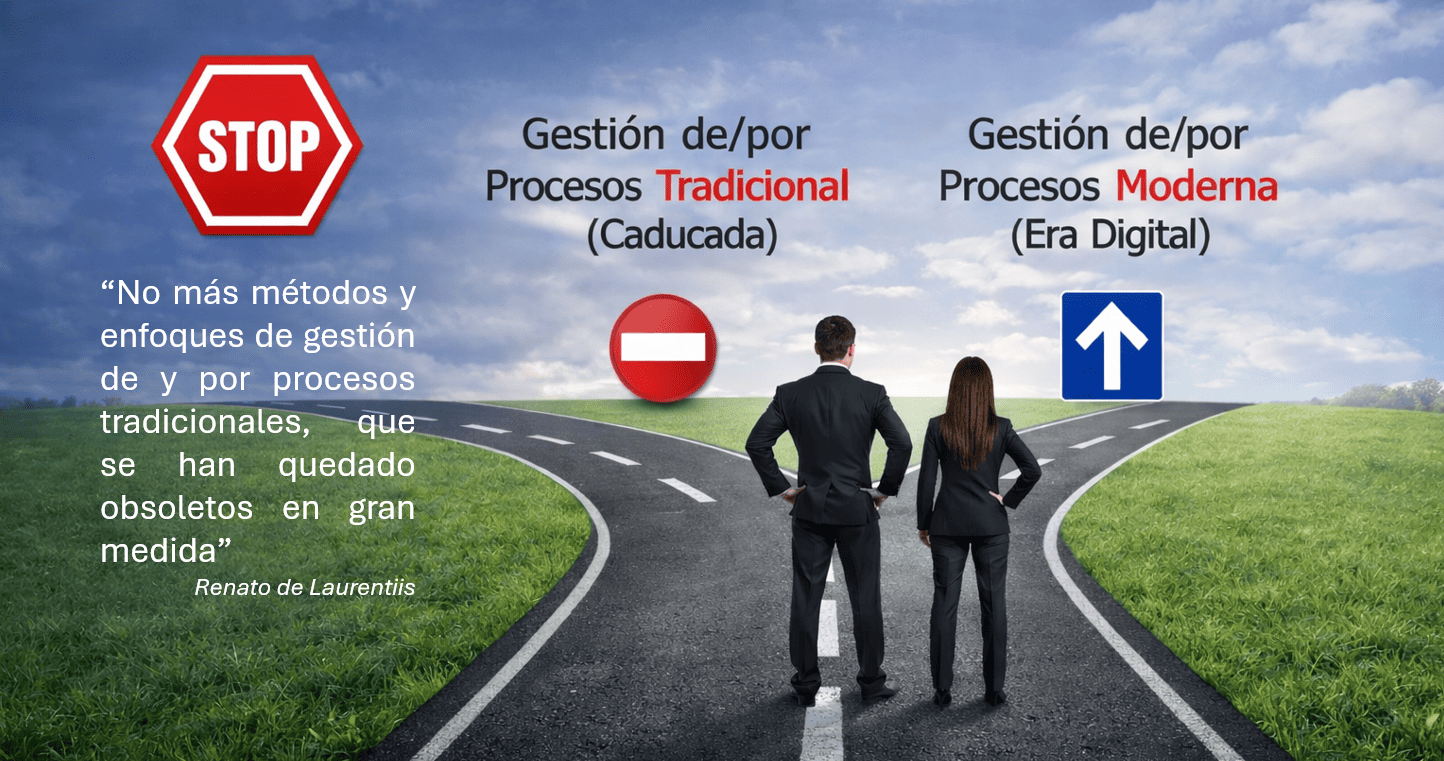 Bifurcación entre la gestión tradicional de procesos y la gestión moderna de procesos en la era digital, con dos profesionales (mujer y hombre) eligiendo el camino de la transformación digital.
