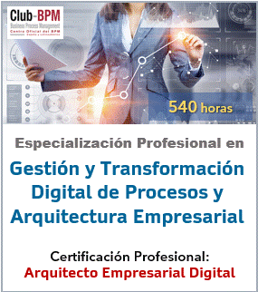 Certificación Internacional obtenida con la Especialización Profesional en Gestión y Transformación Digital de Procesos y Arquitectura Empresarial con BPM:RAD y BPM:AED de Club-BPM – Competencias avanzadas en BPM, IA y Arquitectura Empresarial Digital.
