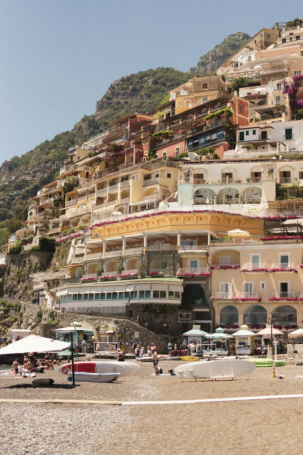 Houses on Hill over Beach in Town on Amalfi Coast in Italy