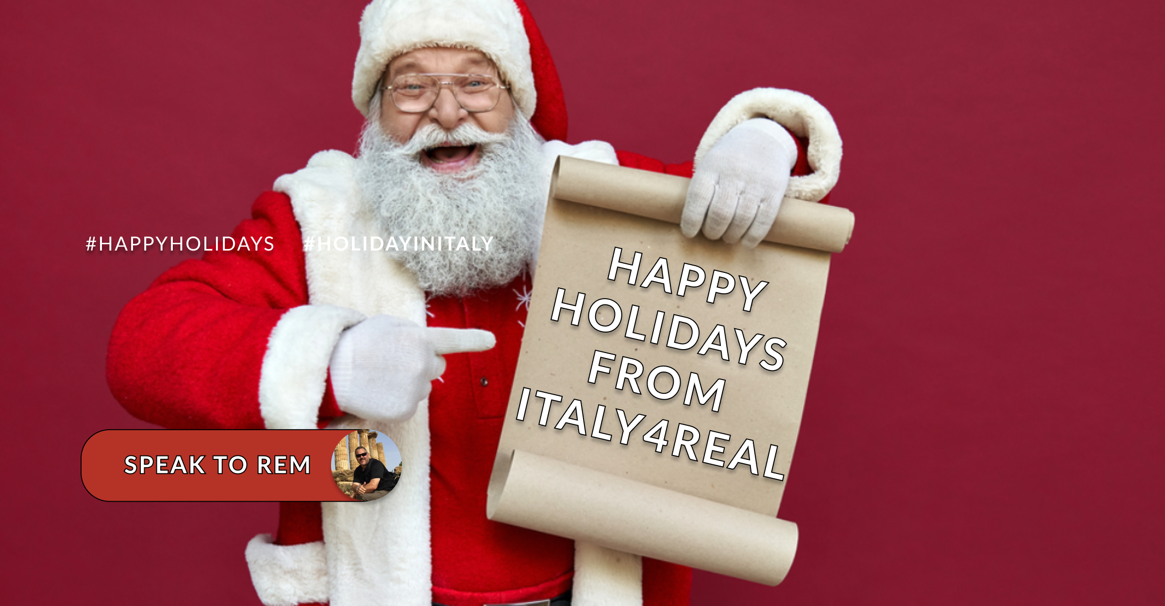 Santa holding a happy holiday sign 