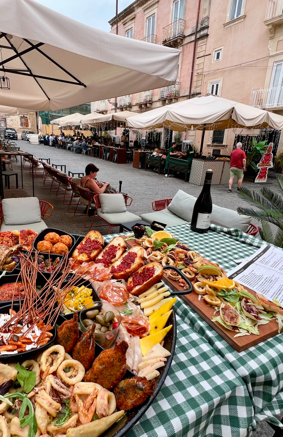 Platter of seafood on a table in Sicily