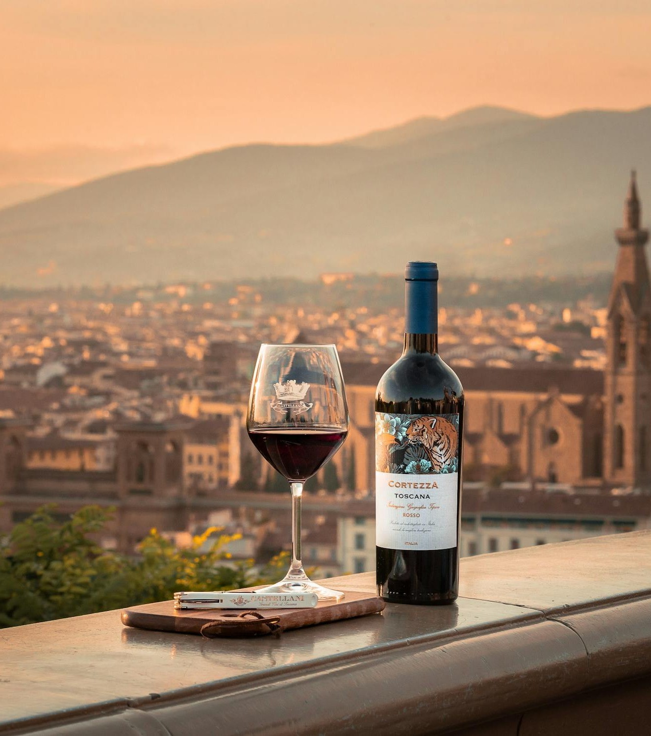 A Bottle and a Glass of Red Wine on a Terrace with the View of Florence in the Background