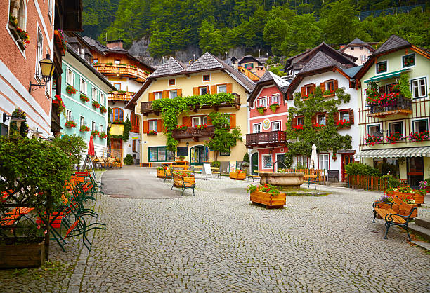 The colorful buildings on a street in Hallstatt, Austria