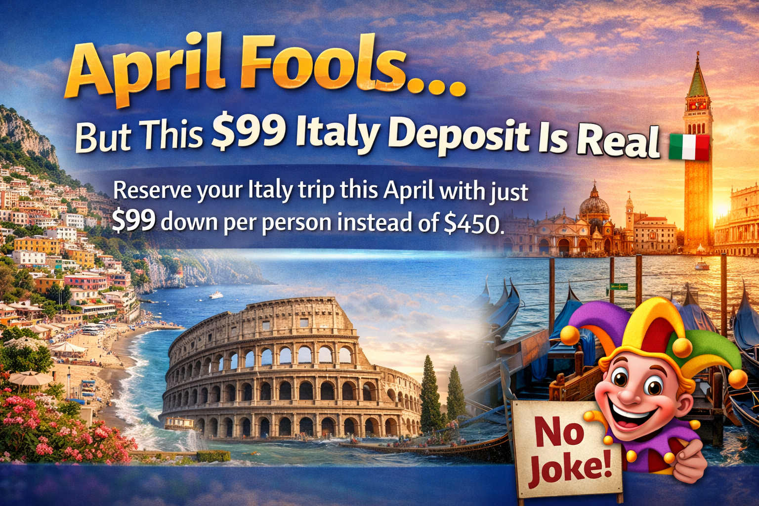 Italy landscape with Unbeatable deals on 2026 Italian vacations text